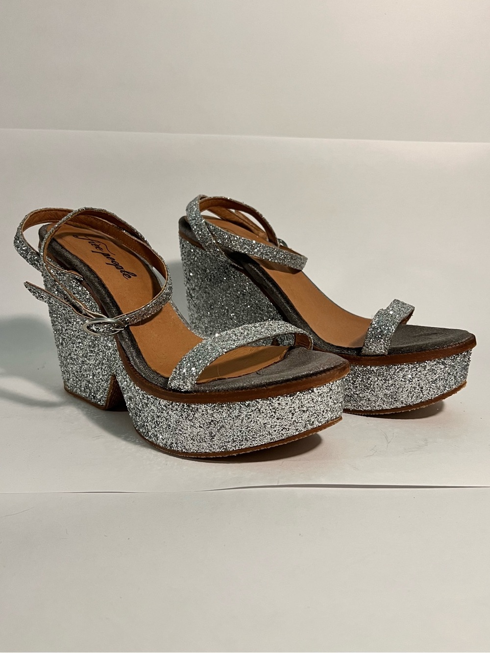 ✨ Free People Silver Glitter Platform Heels